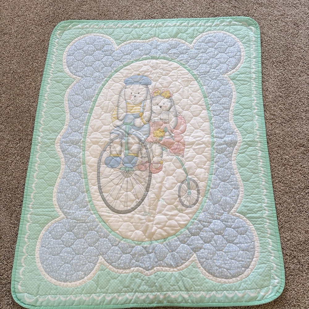 Vtg That's Our Baby Crib‎ Blanket Bunnies Rabbit Tandem Bicycle Bike 40.5x32"
